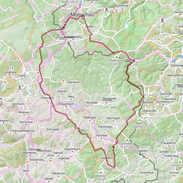 Karten-Miniaturansicht der Radinspiration "Abenteuerliche Gravel-Tour von Monschau nach Ehrensteinsley" in Köln, Germany. Erstellt vom Tarmacs.app-Routenplaner für Radtouren