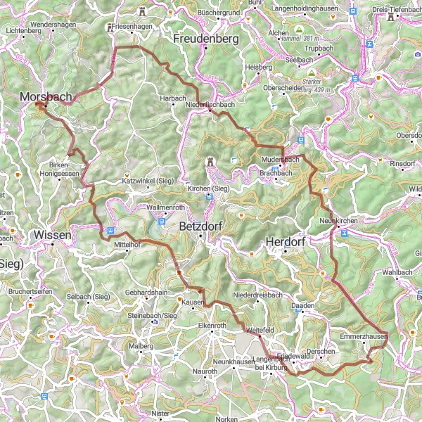 Karten-Miniaturansicht der Radinspiration "Gravelrunde ab Morsbach entlang einiger Höhepunkte" in Köln, Germany. Erstellt vom Tarmacs.app-Routenplaner für Radtouren