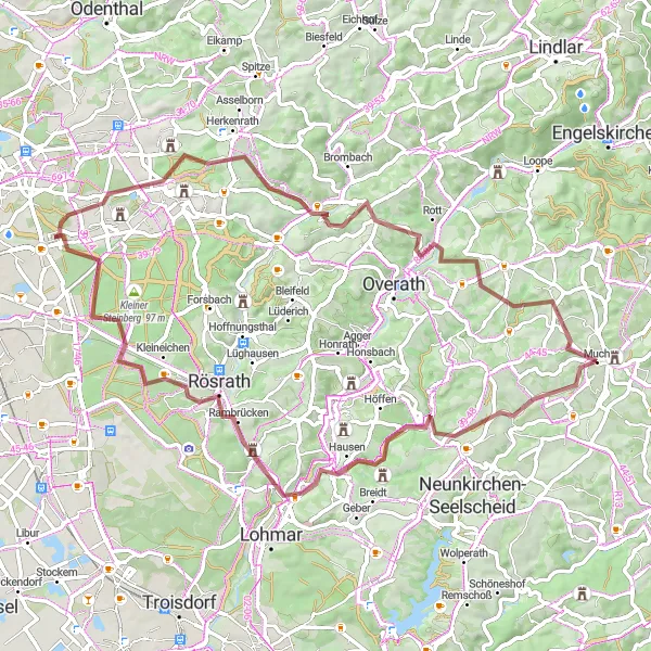 Map miniature of "Rural Hounds Hill Gravel Ride" cycling inspiration in Köln, Germany. Generated by Tarmacs.app cycling route planner