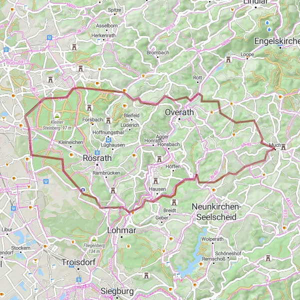 Map miniature of "Enjoy the Gravel Trails Around Much" cycling inspiration in Köln, Germany. Generated by Tarmacs.app cycling route planner