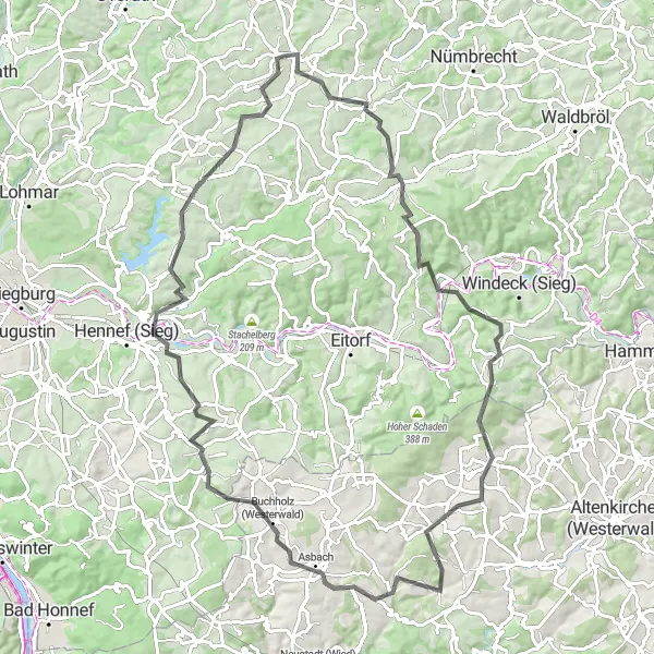 Map miniature of "Siebengebirge Road Adventure" cycling inspiration in Köln, Germany. Generated by Tarmacs.app cycling route planner