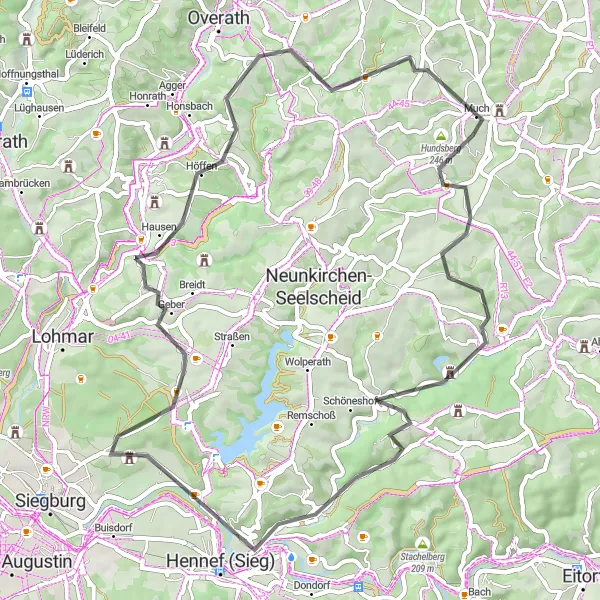 Map miniature of "Much Countryside Road Loop" cycling inspiration in Köln, Germany. Generated by Tarmacs.app cycling route planner