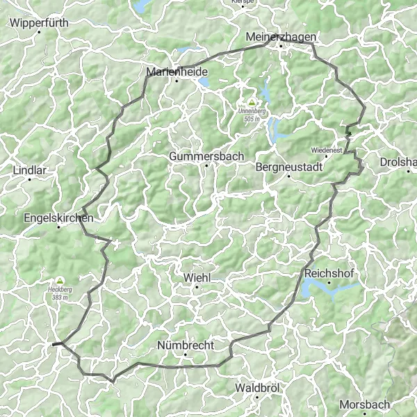 Map miniature of "Scenic Road Trip to Meinerzhagen" cycling inspiration in Köln, Germany. Generated by Tarmacs.app cycling route planner