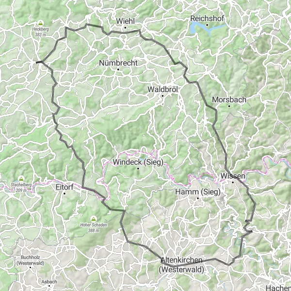 Map miniature of "Challenging Road Cycling Route to Siebelsberg" cycling inspiration in Köln, Germany. Generated by Tarmacs.app cycling route planner