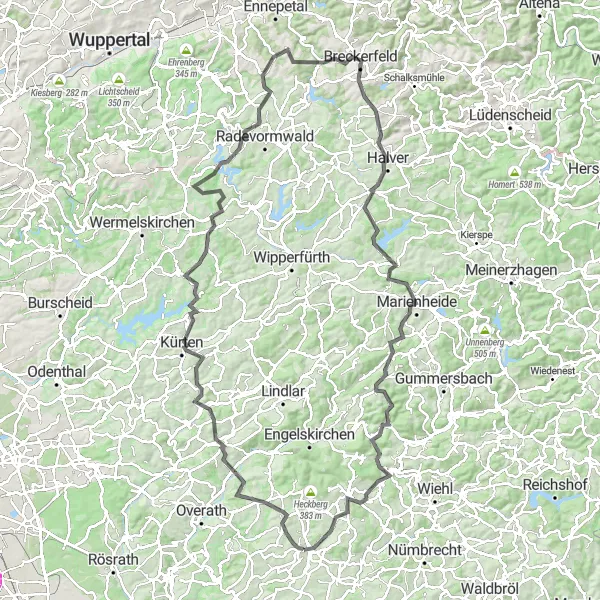 Map miniature of "Climbing Challenge Through Halver and Much" cycling inspiration in Köln, Germany. Generated by Tarmacs.app cycling route planner