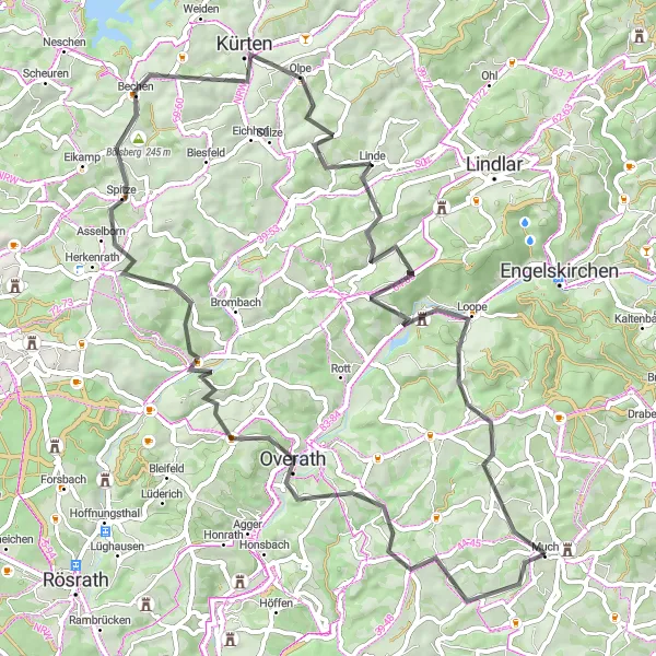 Map miniature of "Hills and Castles" cycling inspiration in Köln, Germany. Generated by Tarmacs.app cycling route planner