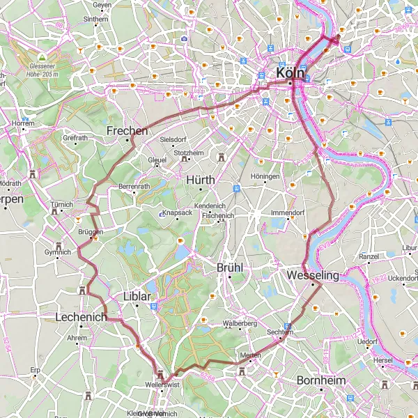 Map miniature of "Gravel Cycling Route: Cologne Adventure" cycling inspiration in Köln, Germany. Generated by Tarmacs.app cycling route planner