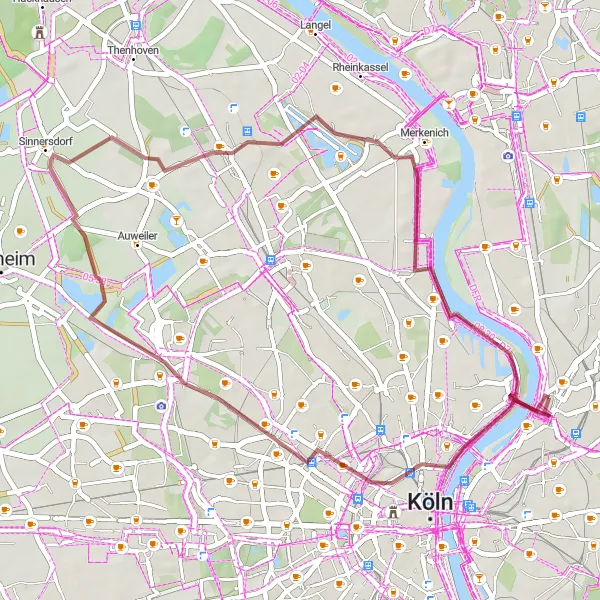 Map miniature of "Gravel Adventure: Mülheim and Beyond" cycling inspiration in Köln, Germany. Generated by Tarmacs.app cycling route planner