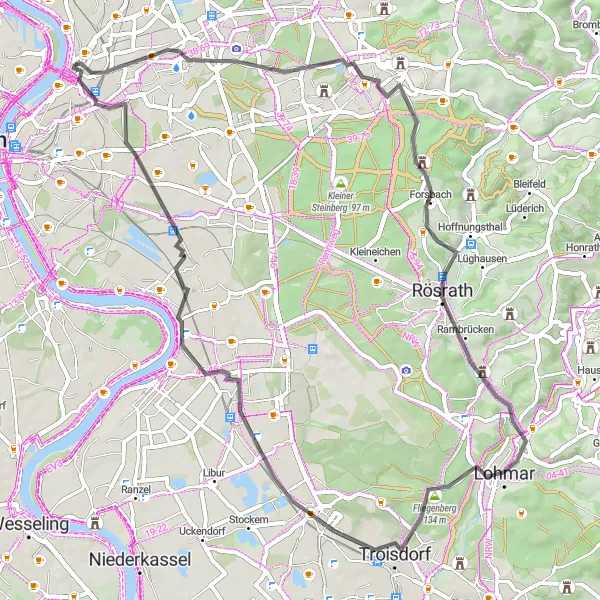 Map miniature of "Road Cycling Route: Mülheim Loop" cycling inspiration in Köln, Germany. Generated by Tarmacs.app cycling route planner