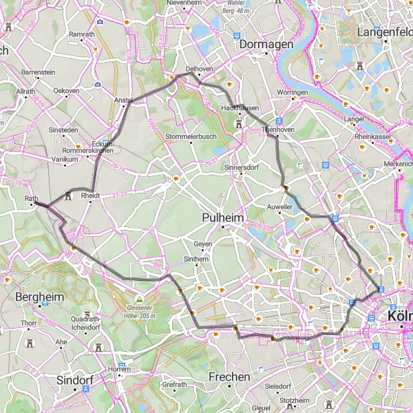 Karten-Miniaturansicht der Radinspiration "Ehrenfeld - Rommerskirchen Schleife" in Köln, Germany. Erstellt vom Tarmacs.app-Routenplaner für Radtouren