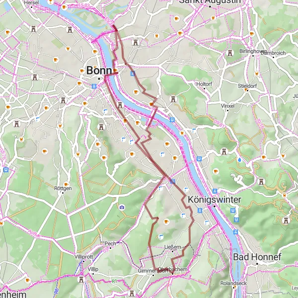 Karten-Miniaturansicht der Radinspiration "Rundkurs Oberbachem und Bad Godesberg" in Köln, Germany. Erstellt vom Tarmacs.app-Routenplaner für Radtouren