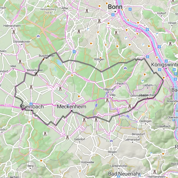 Map miniature of "The Wachtberg Discovery" cycling inspiration in Köln, Germany. Generated by Tarmacs.app cycling route planner