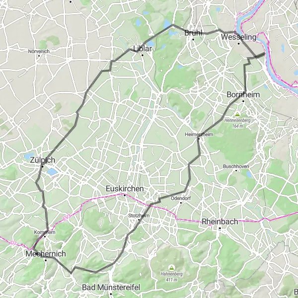 Map miniature of "The Road to Görresberg" cycling inspiration in Köln, Germany. Generated by Tarmacs.app cycling route planner