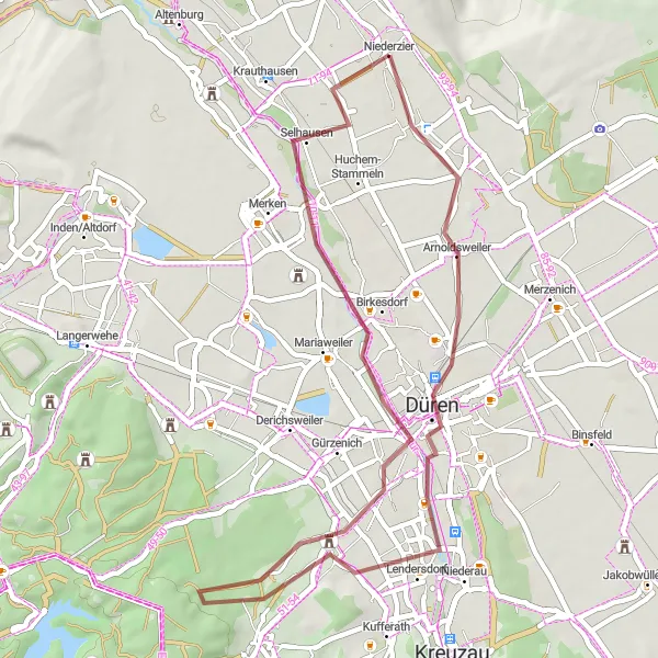 Karten-Miniaturansicht der Radinspiration "Gravel-Erkundungsroute durch die Landschaft rund um Niederzier" in Köln, Germany. Erstellt vom Tarmacs.app-Routenplaner für Radtouren