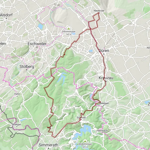 Map miniature of "Gravel Tour de Randníliteuv 237, Niederzier Circuit" cycling inspiration in Köln, Germany. Generated by Tarmacs.app cycling route planner