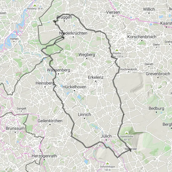 Karten-Miniaturansicht der Radinspiration "Herausfordernde Tour durch die Landschaft rund um Niederzier" in Köln, Germany. Erstellt vom Tarmacs.app-Routenplaner für Radtouren