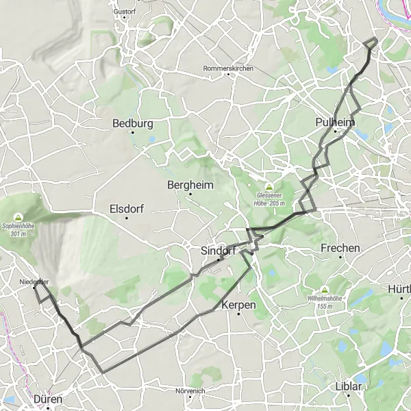 Karten-Miniaturansicht der Radinspiration "Rundfahrt durch die grüne Landschaft um Niederzier" in Köln, Germany. Erstellt vom Tarmacs.app-Routenplaner für Radtouren