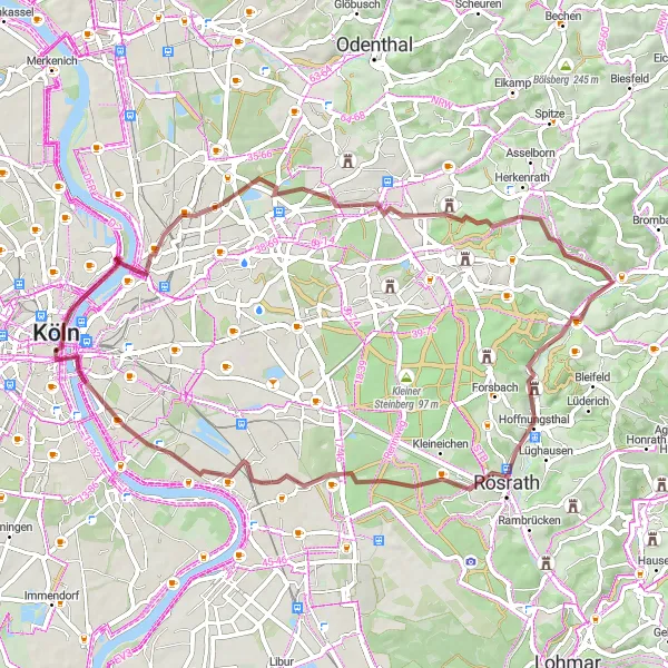 Map miniature of "Gravel Tour through Köln's Landmarks" cycling inspiration in Köln, Germany. Generated by Tarmacs.app cycling route planner