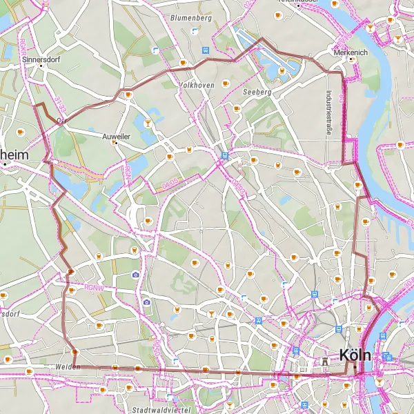 Map miniature of "Scenic Gravel Ride across Köln" cycling inspiration in Köln, Germany. Generated by Tarmacs.app cycling route planner