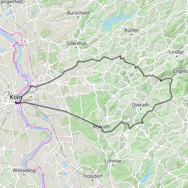 Map miniature of "The Challenging Loop" cycling inspiration in Köln, Germany. Generated by Tarmacs.app cycling route planner