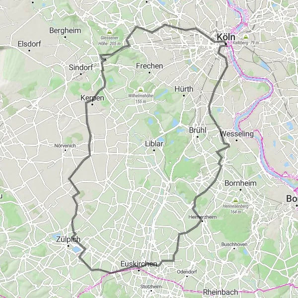 Map miniature of "The Countryside Adventure" cycling inspiration in Köln, Germany. Generated by Tarmacs.app cycling route planner