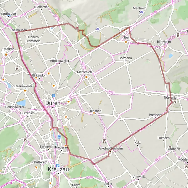 Map miniature of "The Jakobwüllesheim Gravel Adventure" cycling inspiration in Köln, Germany. Generated by Tarmacs.app cycling route planner