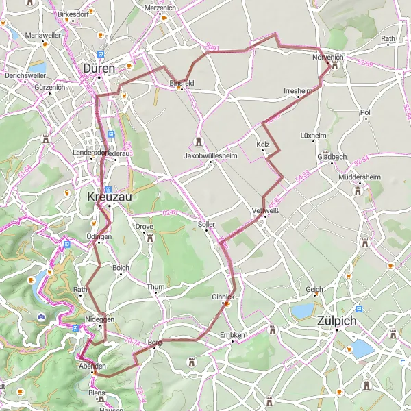 Map miniature of "The Nideggen Castle Gravel Challenge" cycling inspiration in Köln, Germany. Generated by Tarmacs.app cycling route planner