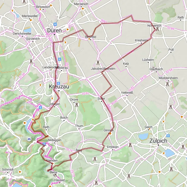 Karten-Miniaturansicht der Radinspiration "Gravel-Tour durch Nörvenich und Umgebung" in Köln, Germany. Erstellt vom Tarmacs.app-Routenplaner für Radtouren