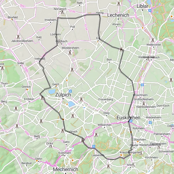 Karten-Miniaturansicht der Radinspiration "Kultur und Natur rund um Nörvenich" in Köln, Germany. Erstellt vom Tarmacs.app-Routenplaner für Radtouren