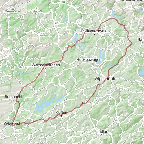 Map miniature of "The Gravel Adventure in Odenthal" cycling inspiration in Köln, Germany. Generated by Tarmacs.app cycling route planner