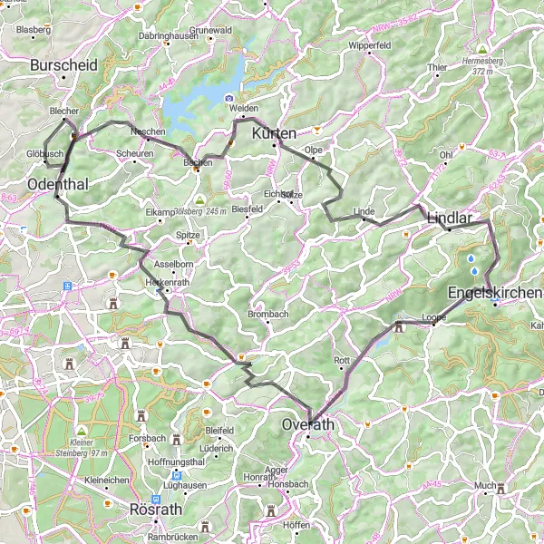 Map miniature of "The Odenthal-Hoheberg Road Loop" cycling inspiration in Köln, Germany. Generated by Tarmacs.app cycling route planner