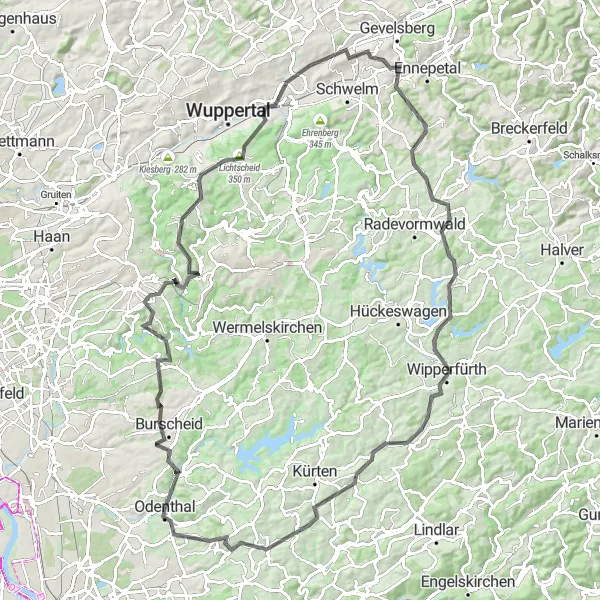 Map miniature of "The Scenic Witzhelden Road Adventure" cycling inspiration in Köln, Germany. Generated by Tarmacs.app cycling route planner