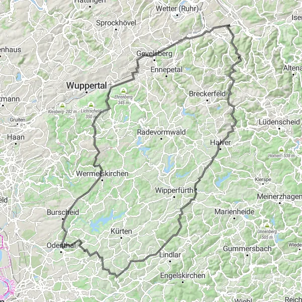 Map miniature of "Hoheberg and Burscheid Loop" cycling inspiration in Köln, Germany. Generated by Tarmacs.app cycling route planner