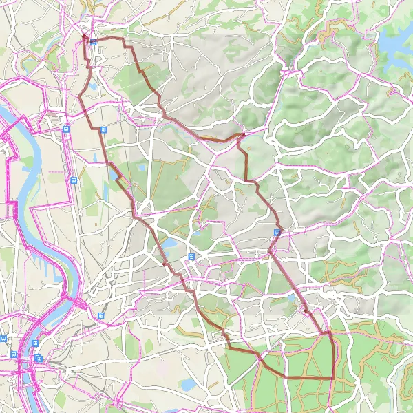 Map miniature of "Gravel Route via Quettingen and Opladen" cycling inspiration in Köln, Germany. Generated by Tarmacs.app cycling route planner