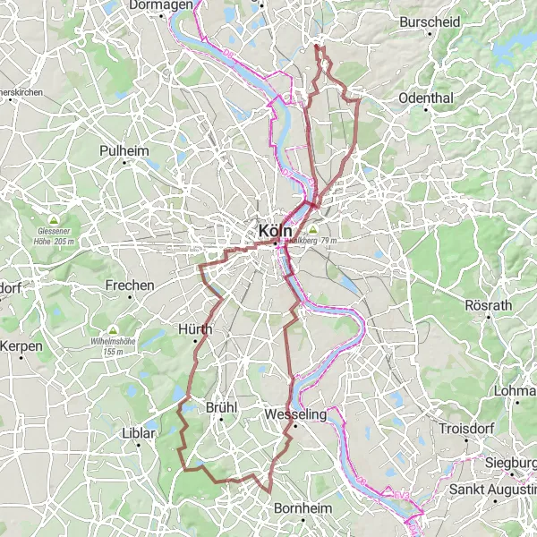 Map miniature of "Gravel Tour Around Opladen" cycling inspiration in Köln, Germany. Generated by Tarmacs.app cycling route planner