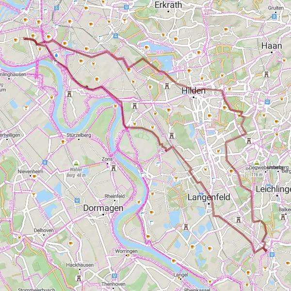 Map miniature of "Leisurely Gravel Ride from Opladen to Hilden" cycling inspiration in Köln, Germany. Generated by Tarmacs.app cycling route planner