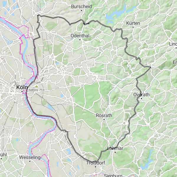 Map miniature of "Countryside Escape: Opladen to Köln Triangle" cycling inspiration in Köln, Germany. Generated by Tarmacs.app cycling route planner