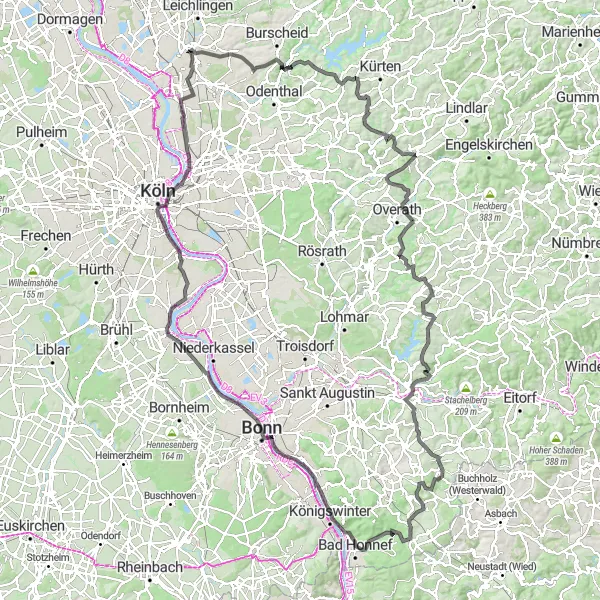 Map miniature of "Road Cycling Adventure through Aggertal" cycling inspiration in Köln, Germany. Generated by Tarmacs.app cycling route planner