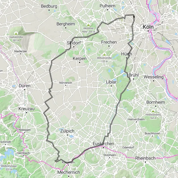 Map miniature of "Countryside Challenge" cycling inspiration in Köln, Germany. Generated by Tarmacs.app cycling route planner