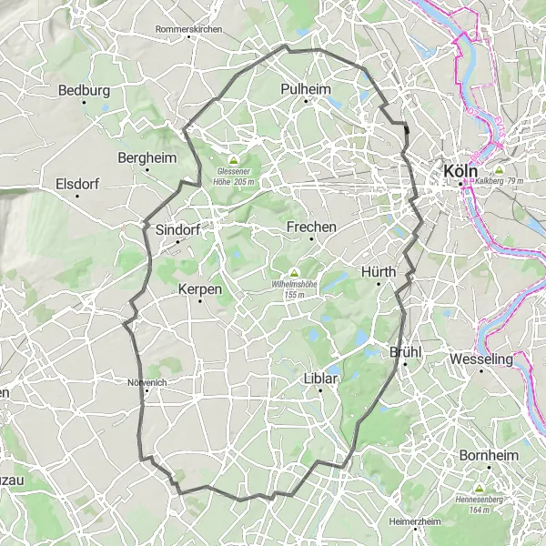 Map miniature of "Road Cycling from Ossendorf" cycling inspiration in Köln, Germany. Generated by Tarmacs.app cycling route planner