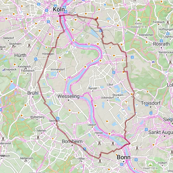 Map miniature of "Gravel Journey through Finkenberg and Bornheim" cycling inspiration in Köln, Germany. Generated by Tarmacs.app cycling route planner