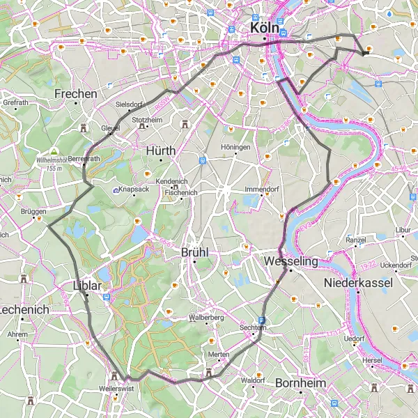 Karten-Miniaturansicht der Radinspiration "Radtour entlang des Rheins" in Köln, Germany. Erstellt vom Tarmacs.app-Routenplaner für Radtouren