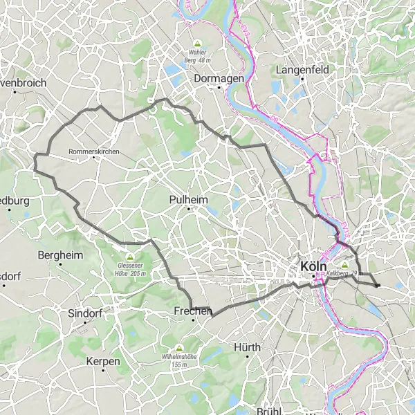 Map miniature of "Road Cycling Excursion to Cologne and Frechen" cycling inspiration in Köln, Germany. Generated by Tarmacs.app cycling route planner