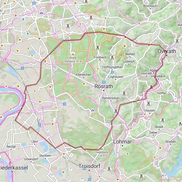 Map miniature of "Gravel Adventure - Overath to Frankenforst" cycling inspiration in Köln, Germany. Generated by Tarmacs.app cycling route planner