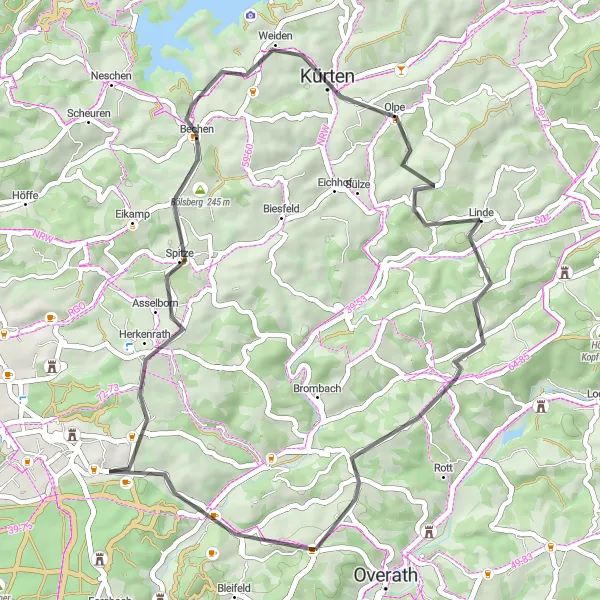 Map miniature of "The Steinenbrück Loop" cycling inspiration in Köln, Germany. Generated by Tarmacs.app cycling route planner