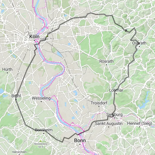 Map miniature of "Lohmar to Bergisch Gladbach Road Cycling Adventure" cycling inspiration in Köln, Germany. Generated by Tarmacs.app cycling route planner