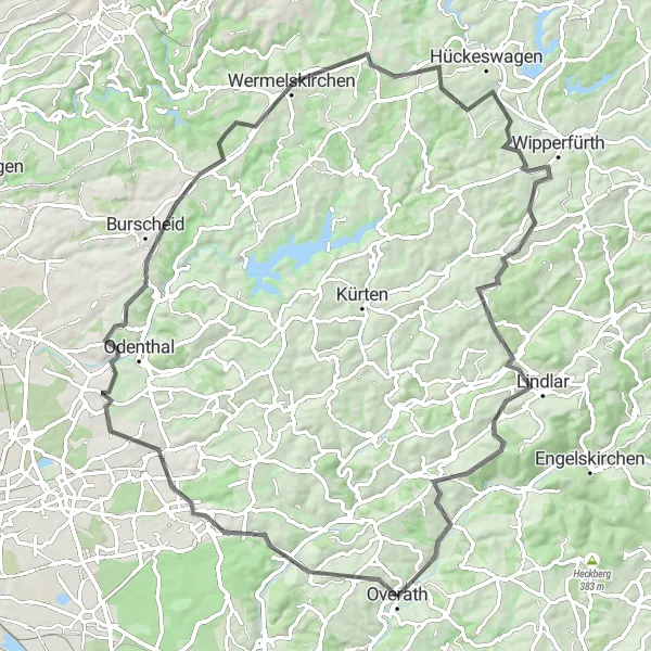 Karten-Miniaturansicht der Radinspiration "Bergisches Panorama" in Köln, Germany. Erstellt vom Tarmacs.app-Routenplaner für Radtouren