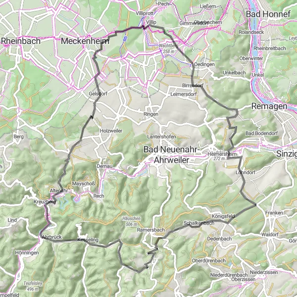 Map miniature of "The Villip Hill Challenge" cycling inspiration in Köln, Germany. Generated by Tarmacs.app cycling route planner