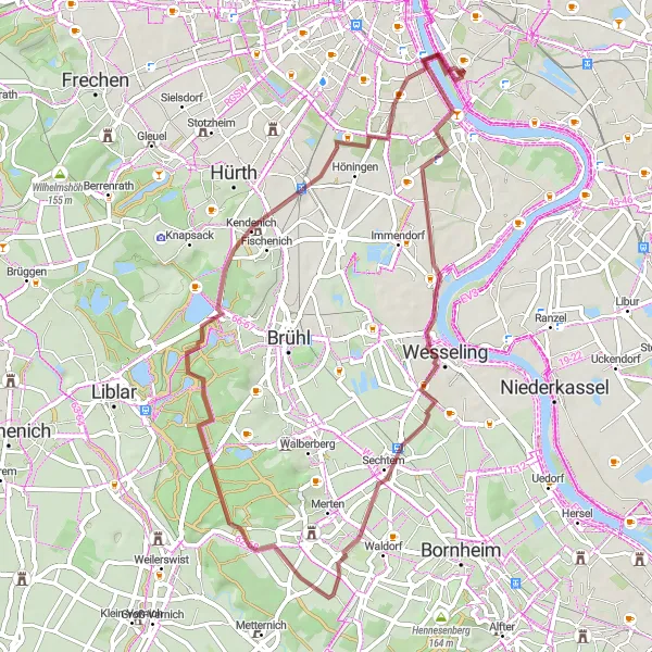 Karten-Miniaturansicht der Radinspiration "Südbrücke und Wesseling Gravelrunde" in Köln, Germany. Erstellt vom Tarmacs.app-Routenplaner für Radtouren