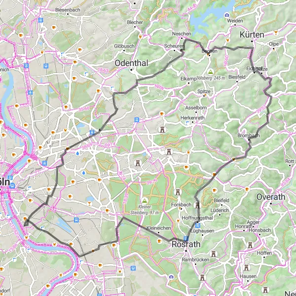 Karten-Miniaturansicht der Radinspiration "Vingst bis Porz Panoramaroute" in Köln, Germany. Erstellt vom Tarmacs.app-Routenplaner für Radtouren